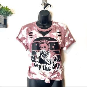 Pink Graphic Tee with 'Slay the Day' Design New Distressed Hand Dyed Small